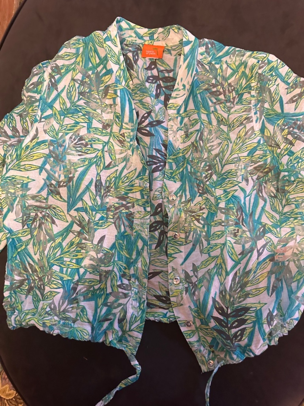 hearts of palm Tropical Leaf Print Button Front Blouse in Teal Green